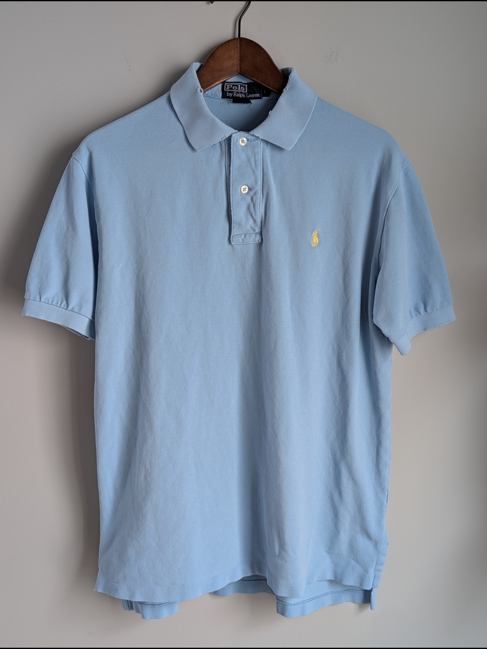 VTG Polo Ralph Lauren Polo Shirt Large Blue Yellow Pony Distressed Short Sleeve